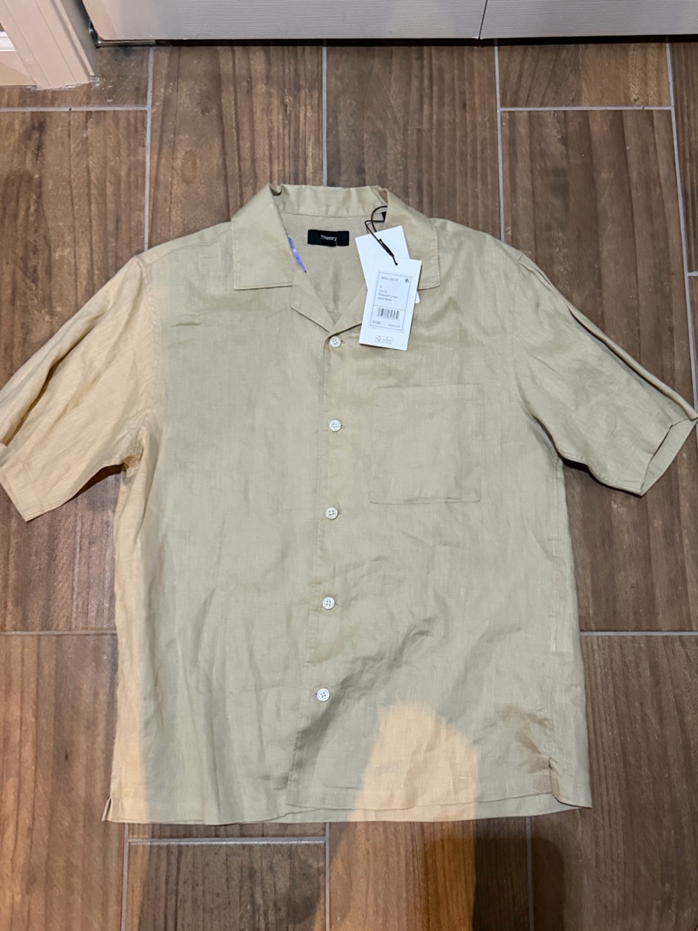 Theory Men's Light Beige Short-Sleeve Button-Down Shirt linen nwt retail $185